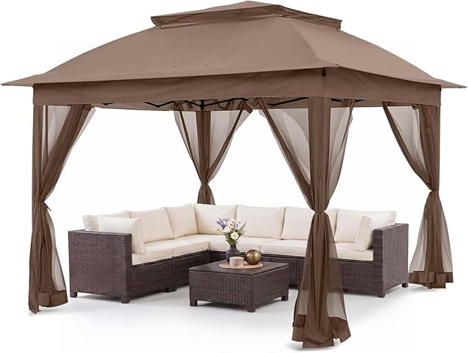 COOS BAY 11x11 Pop Up Gazebo with Mesh Netting, Instant Outdoor Canopy Tent, Water Resistant Shelter with UPF 50+ UV Protection, 121 Sq Ft Coverage, Brown