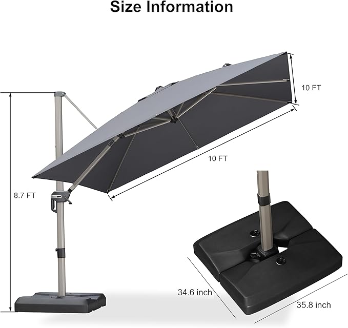 PURPLE LEAF 10FT Patio Umbrella with Base Cantilever Umbrella Square Outdoor Offset Umbrella with Champagne Frame and 360° Rotation for Garden Deck Pool, Light Grey