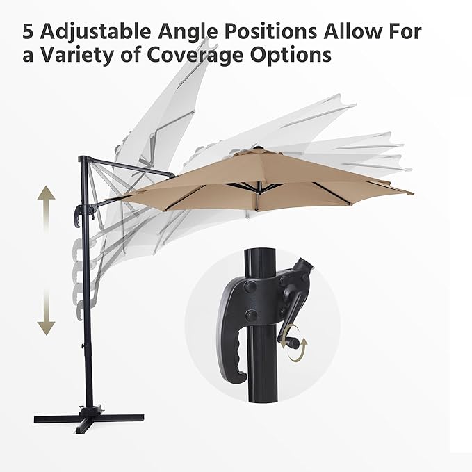 LAUSAINT HOME 10FT Round Outdoor Cantilever Umbrella, Offset Patio Umbrella with 360° Rotation & 5-Angle Adjustment, Aluminum Pool Umbrella for Garden Deck, Khaki