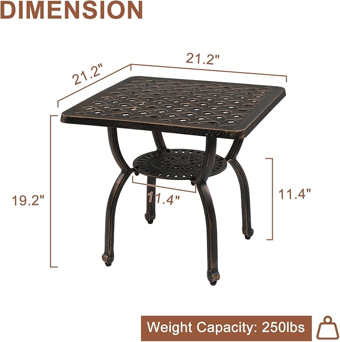Bonnlo 22" Cast Aluminum Outdoor Side Table, All Weather Patio Side Table Outdoor End Table for Patio, Porch, Deck, Garden, Bronze (Square)