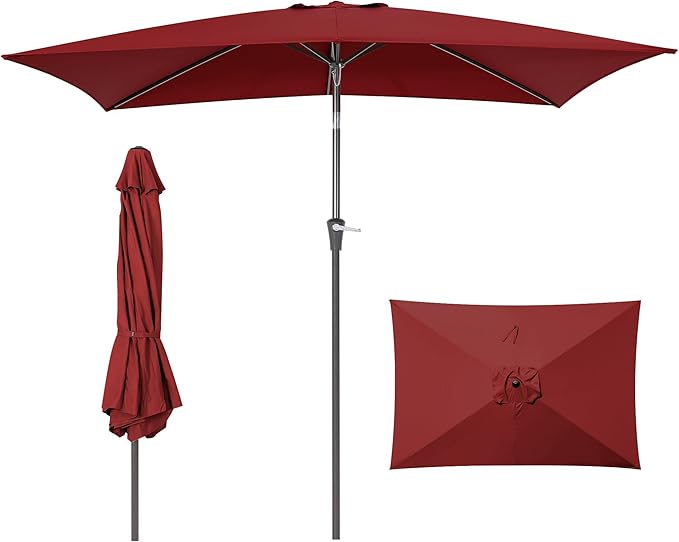 HASLE OUTFITTERS 6.5 x 10 ft Rectangular Patio Umbrella, Outdoor Table Umbrella with Crank & Push Button Tilt, Heavy Duty Ribs, for Patio, Backyard, Garden & Deck, Wine Red
