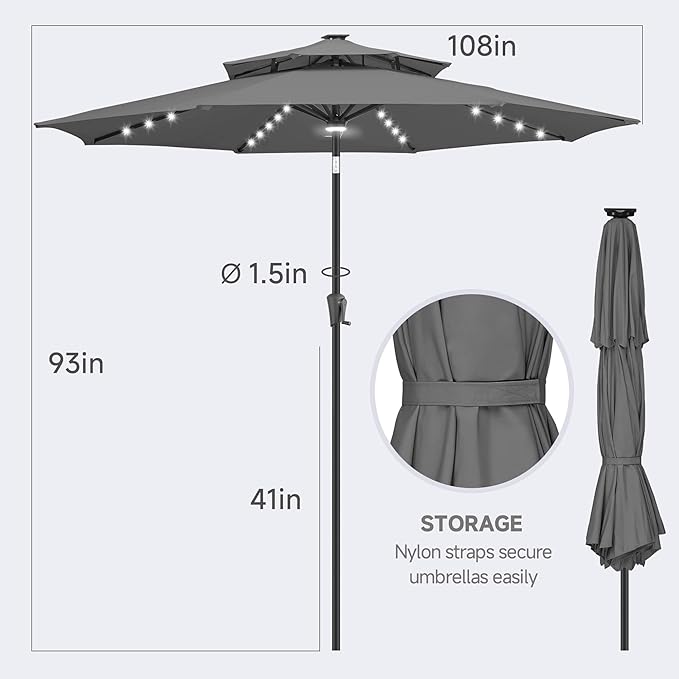 FLAME&SHADE 2 Tiers 9ft Solar Light Patio Umbrella, 40 LED lights outdoor umbrella with Centre Surround Light, Table Market Umbrella for Deck, Pool, Porch, Backyard, Garden (Anthracite)