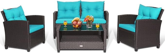 Tangkula 4-Piece Patio Furniture Set, Rattan Wicker Chair Set with 1 Loveseat, 2 Single Sofas, 1 Coffee Table with Tempered Glass Top, Outdoor Furniture Sets for Backyard, Porch, Garden and Poolside