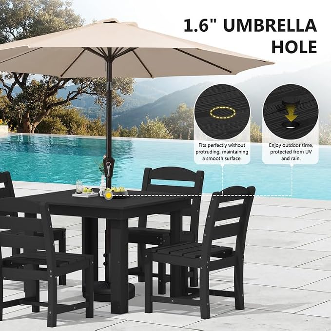 KINGYES 8-Piece HDPE Outdoor Dining Set for 6, Square Patio Table & Armless Chairs with Umbrella Hole, All-Weather Patio Dining Set for Backyard, Garden, Lawn & Poolside, Black