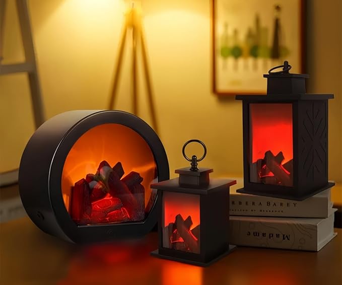 Simulated LED Fireplace Lantern Battery Powered Flameless Light with Simulation Flame Table Decorative Lamp Mini Fireplace Ornament for Cozy Home Decor Free Standing Electric Log Burner
