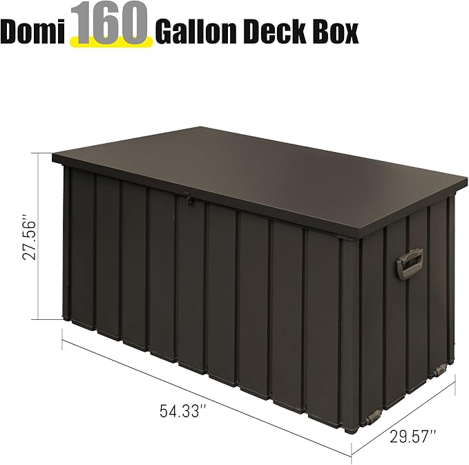 Domi 160 Gallon Deck Box Outdoor Storage Box, Large Metal Storage Cabinet Waterproof Lockable Container for Patio Furniture Cushions Garden Tools Pool-Supplies, Brown