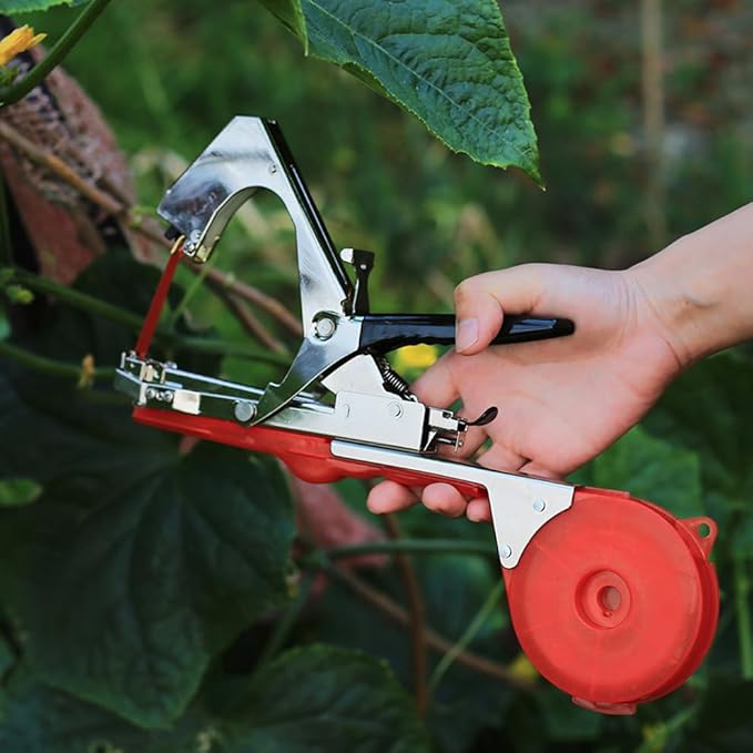 Plant Tying Machine, Lightweight Vine Tying Tape Machine Tool with 10000 Staples and 10 Rolls Tape for Tomatoes, Grapes and Vegetable Garden (Red)