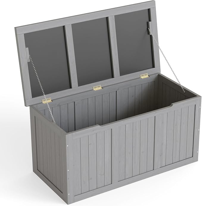 Domesto 112 Gallon Extra-Large Outdoor Deck Box, Solid Wood Storage Box Seat & Table Top, For Patio Cushions, Pool, Garden Tools (Grey, 67 Gallon)