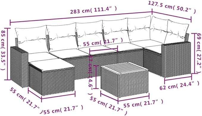 vidaXL Patio Sofa Set with Cushions 8 Piece, Outdoor Conversation Set, Sectional Sofa for Balcony Garden, Patio Furniture, Gray Poly Rattan
