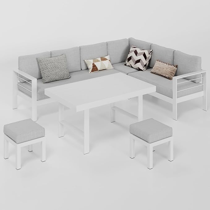 Wisteria Lane Aluminum Outdoor Patio Furniture Set, Metal Outside Patio Furniture Conversation Sets with Dining Table&2 Ottomans, Sectional Sofa Couch Seating Set with Cushions for Backyard