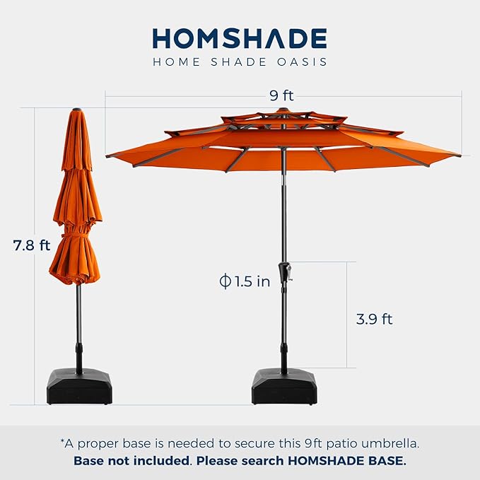 HOMSHADE 9FT 3-Tiers Outdoor Patio Umbrella with 5-Year Fade Resistant,Vented Outdoor Commercial Market Umbrella with UPF50+ UV Protection & Push Button Tilt and Crank for Pool,Backyard(Orange)