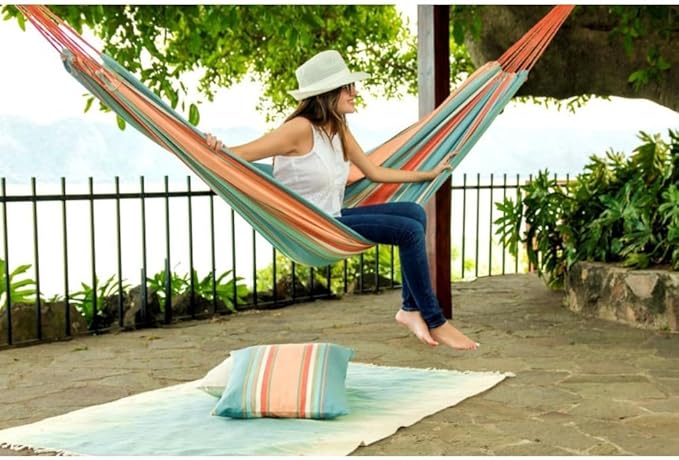 Colorful Striped Cotton Hammock, Soft Pink Boho Hammock for Patio Porch, 100% Cotton Canvas Indoor Outdoor Hanging Bed with 250 lbs Capacity