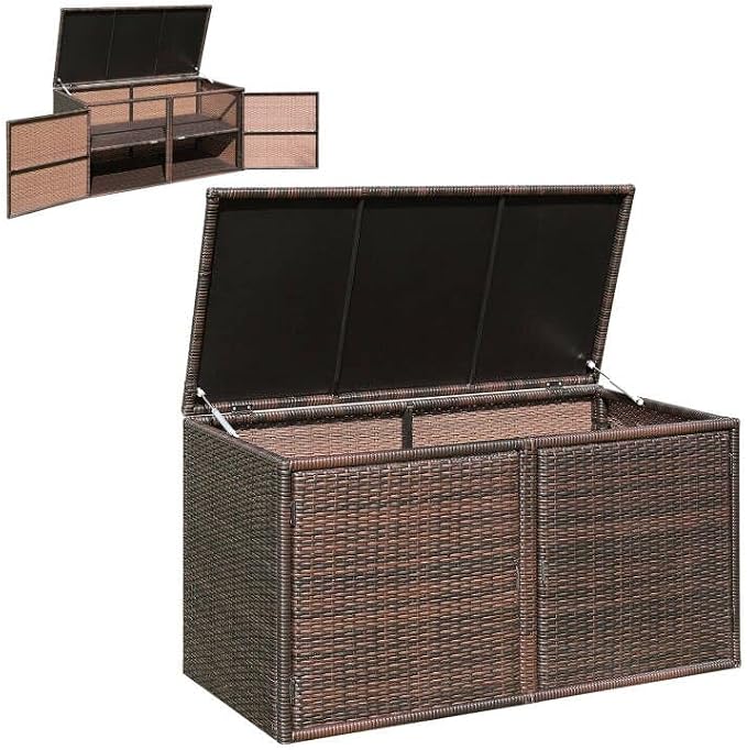 Giantex Rattan Deck Box 73 Gallon Wicker Storage Box W/Separate Storage Shelf, Openable Door, Steel Frame, Toys and Tools Organize for Yard, Garden, Balcony, Porch, Patio Rattan Storage Box (Brown)