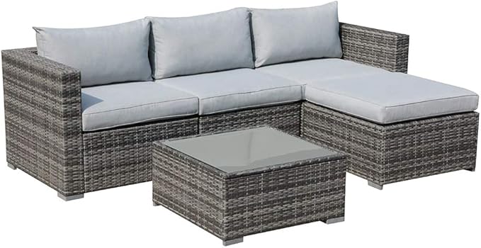 Patiorama 5 Piece Outdoor Patio Furniture Set, Sectional Conversation All-Weather Grey PE Wicker w/Light Cushions, Backyard Porch Garden Poolside Balcony Set