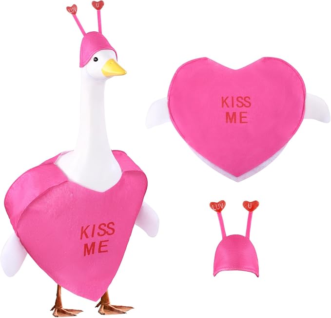 Valentine's Day Goose Outfit for 23" Porch Goose Holiday Rose Red Heart Cloths Costume Valentines Party Outdoor Garden Patio Yard Lawn Art Decoration(Kiss Me)