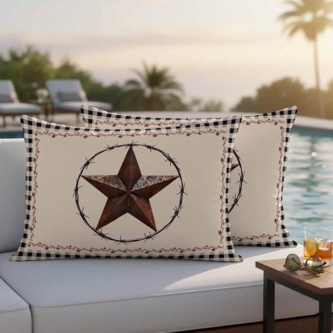 American Country Outdoor Waterproof Throw Pillow Covers Set of 2, 20"x12", Star Farmhouse Beige Black Buffalo Plaid Decorative Pillow Covers Outside Cushion Case for Patio Porch Garden