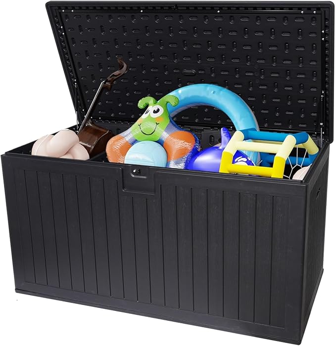 230 Gallon Outdoor Storage Deck Box, Black, Waterproof Resin Construction, 63.4 x 32.2 x 32.6 inches, Lockable Design with Hydraulic Hinges