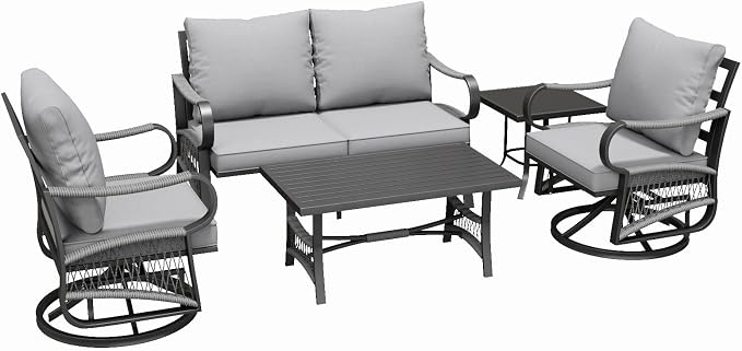 5 Piece Patio Furniture Set, Outdoor All Weather Conversation Sofa Set with 2 Swivel Chairs, Rope Braided Design and Thick Cushions for Garden, Porch, Lawn, Grey