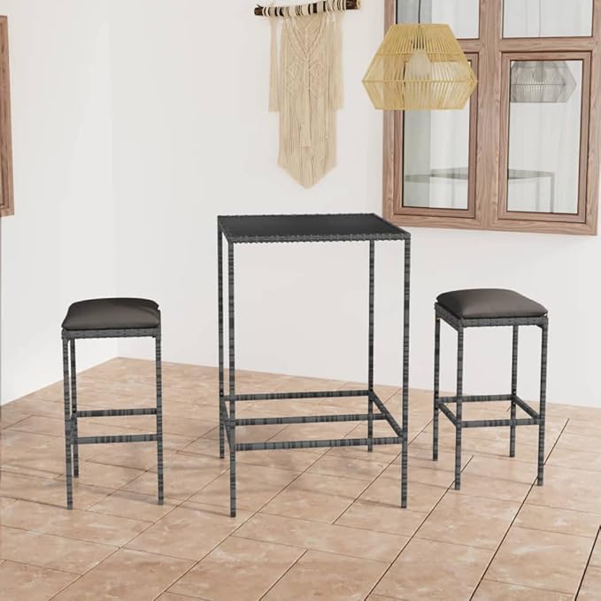 Patio Bar Set with Cushions,Garden Table and Chairs Sets,Garden Conversation Sets, Outdoor Patio Furniture,for Patio,Backyard,Garden,3 Piece Poly Rattan Gray