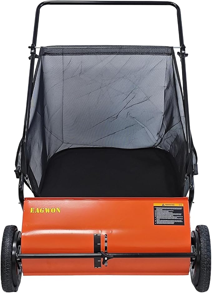 Push Lawn Sweeper, 26-Inch Width, 7 Cu. Ft. Hopper Capacity, 4 Spinning Brushes, Adjustable Height, Durable Steel Frame with Rubber Wheels, Orange