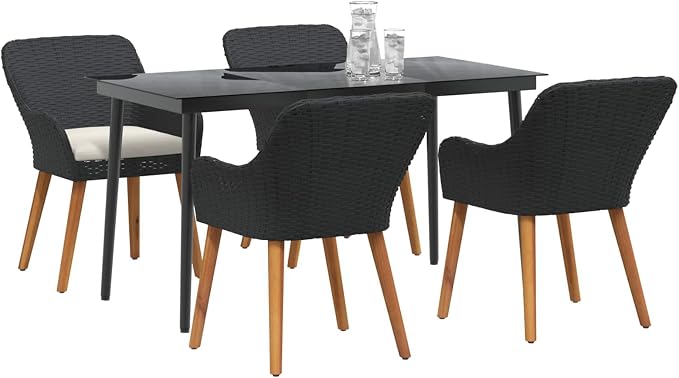 Garden Dining Set with Cushion 5 pcs Black Poly Rattan Outdoor Patio Furniture Table and 4 Chairs with Tempered Glass Top Weather Resistant for Backyard Deck Lawn Entertaining 970 lb Capacity