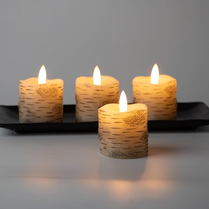 Rhytsing 2" White Birch Bark Flameless Votive Candles with Timer, Real Wax Led Faux Battery Operated Tealight Candles for Christmas and Weddings - Set of 4