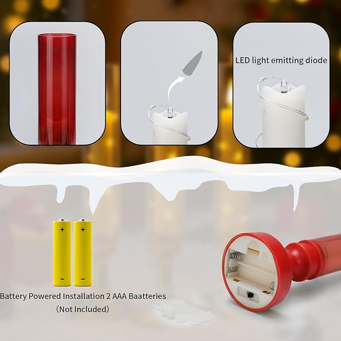 6 PCS Flameless Candles with Timer, Flickering Flameless LED Pillar Candles for Romantic Ambiance with Embedded Star String, Acrylic Battery Perated Fake Candles for Home Decoration (Red)