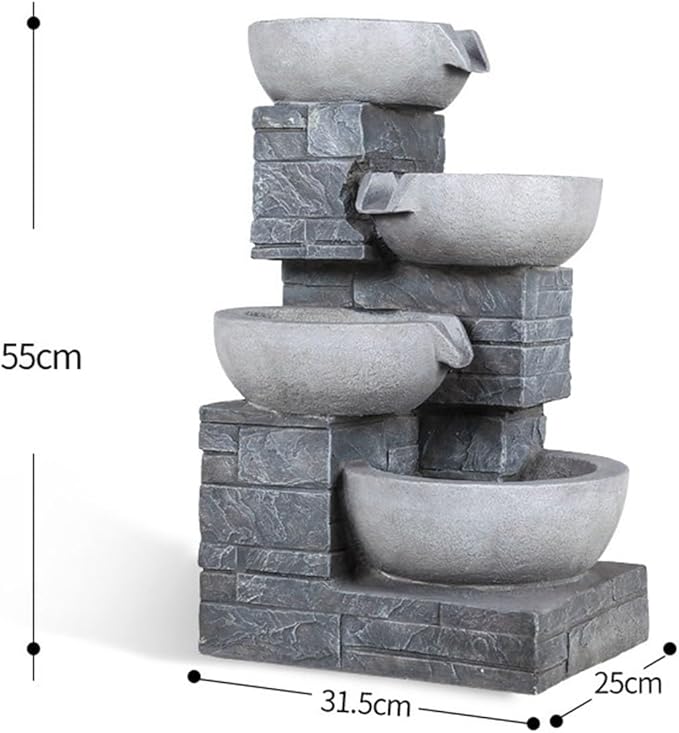 Outdoor Garden Water Fountain with LED Lights, Outdoor 4-Tiers Cascading Rock Water Fountain, Circular Basin Design, for Patio, Backyard, Porch and Home Art Decor(55cm)