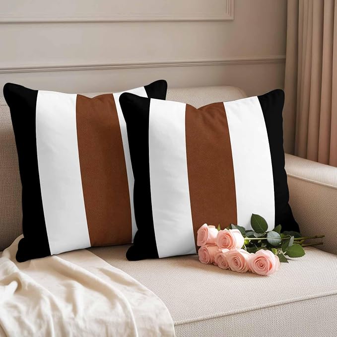 Boho Black Outdoor Waterproof Throw Pillow Covers Set of 2, 26"x26", Brown and White Striped Tribal Farmhouse Style Decorative Pillow Covers Outside Cushion Case for Patio Porch Garden