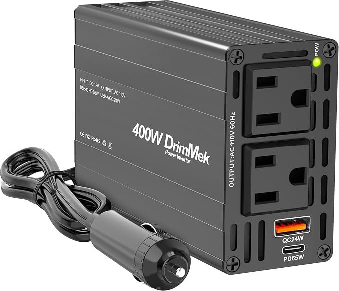 400W Car Power Inverter 12V to 110V AC｜24W+65W USB C, Laptop Charger | 65w Fast Charger,2 AC Output,Aluminum alloy casing