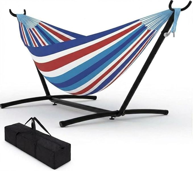 Double Hammock with Stand, 2 Person Heavy Duty Outdoor Hammock – 450IB Capacity, Portable Hammock with 9FT Steel Stand & Carrying Case, Adjustable Hammock Bed for Backyard,Camping,Beach,Teal Red