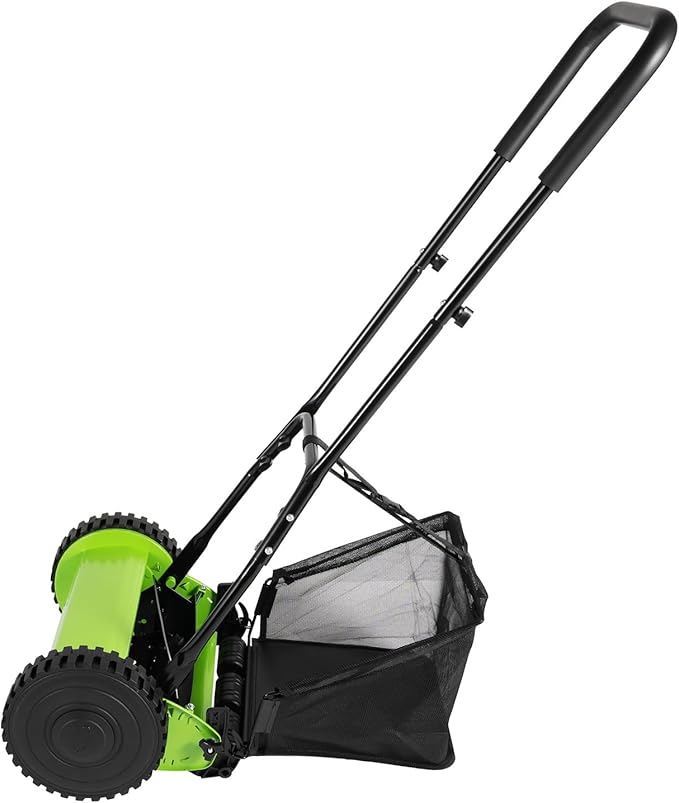 5-Blade Wheeled Manual Lawn Mower, 12 Inch Manual Push Reel Lawn Mower Push Lawn Sweeper, 0.67-1.3 in Adjustable Cutting Height Walk-Behind Lawn Mowers with 6-Gallon Collection Bag for Yard, Garden