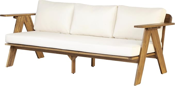 Christopher Knight Home Dina 5-Piece Patio Furniture Set For 8, Acacia Wood Outdoor Conversation Set with Coffee Table, Outdoor 3-Seater Sofas And Club Chairs Set With Cushions for Backyard,Teak+Beige
