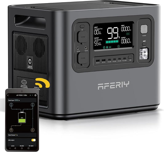 AFERIY 2048Wh Portable Power Station 2400W (Peak 4800W),P210 LiFePO4 Battery Generator,AC Fast Charging, 12V/25A XT60 DC output port,UPS Power Outages,Home Backup,Camping(Solar Panel Optional)