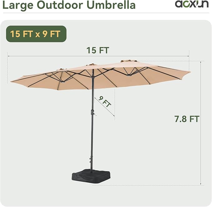 Aoxun 15ft Patio Umbrella with Base Included, Outdoor Double-Sided Rectangular Umbrella with Crank Handle & Ventilation, Large Standing Umbrella for Pool, Deck, Lawn, Backyard & Beach