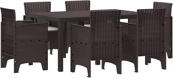 Garden Dining Set 7 pcs Brown Matte Polt Rattan Outdoor Patio Furniture Set with 6 Removable Cushion Chairs & Rectangular Table, UV-Resistant Frames for Backyard, Balcony, Lawn or Porch