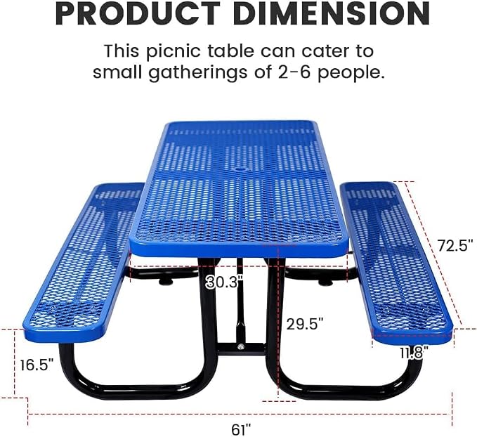 72" Rectangular Metal Picnic Table for 4-8 Person, Durable Heavy Duty Commercial Picnic Table up to 2800 lbs for Outdoor Coffee Shop, School, Hospital, Easy to Install, Blue