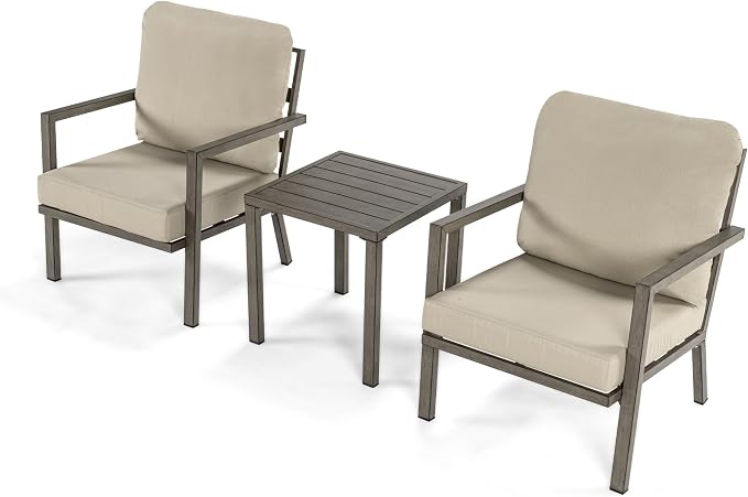 HAPPATIO Aluminum Patio Furniture Set, 3 Pieces Conversation Set with Thick Cushions and Side Table, Waterproof and Rustproof for All Weather, Seating Sofa for Garden, Backyard, Porch, Grey