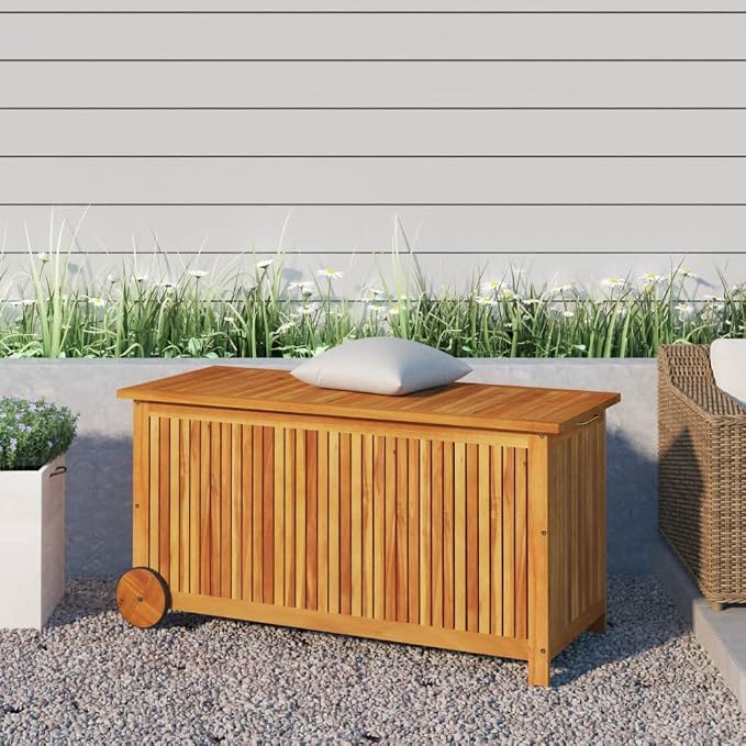 Wooden Patio Storage Box Outdoor Storage Container with Wheels for Patio Furniture Cushions, Acacia Wood Deck Box, Backyard Storage Box, 44.5"x19.7"x22.8" Solid Wood Acacia,-875