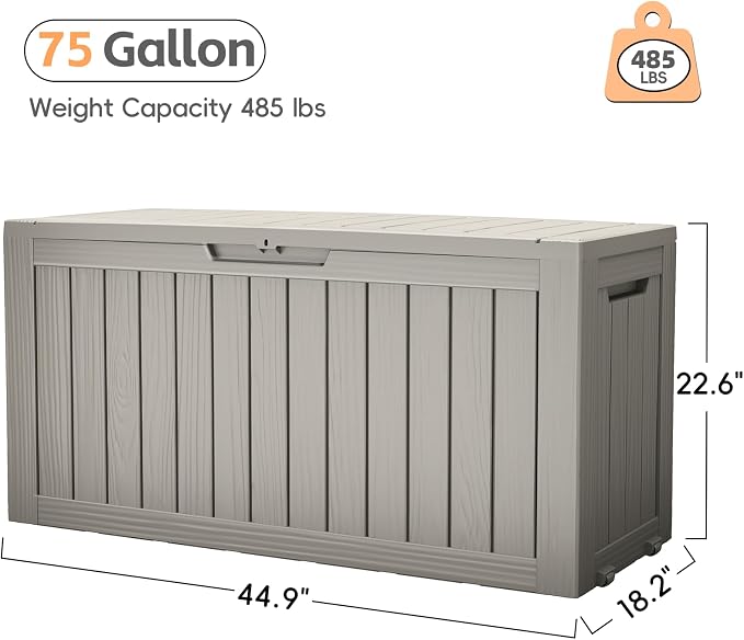 LubanNese Outdoor Storage Box, Waterproof Deck Box, Outdoor Patio Storage Bin, Weatherproof (Grey, 75 Gallon)