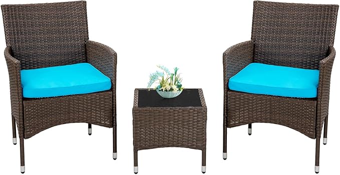 Outdoor Patio Furniture Set，3 Pieces Wicker Bistro Set Outdoor Patio Set Rattan Chair Conversation Sets Patio Sofa Wicker Table Set for Yard Backyard Lawn Porch Poolside Balcony,Blue Cushion