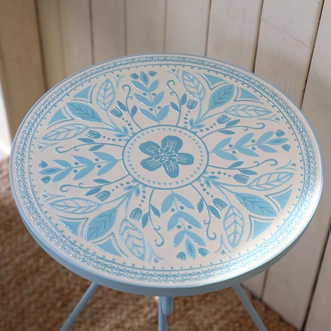 Vintage Outdoor Side Table Round Mosaic Ceramic Tile Top 14" Diameter Metal Plant Stand for Flower Pots Vase Garden Home Porch Pool Indoor Decor Weather Resistant Outside Patio Accent End Furniture