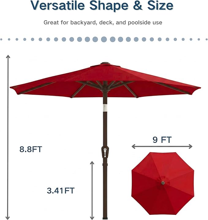 PatioKingdom 9FT Patio Outdoor Umbrella-UPF 50+ Sun Shade with Wind Vent, Push-Button Tilt & Smooth Crank Lift, Rust-Resistant Fiberglass Frame for Garden, Backyard,Yard (Red)