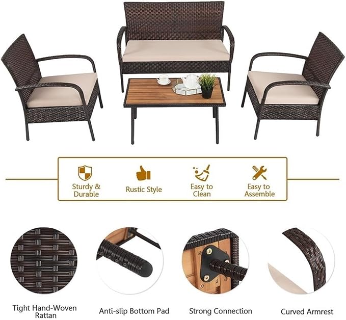 Pemberly Row 4-Piece Patio Rattan Furniture Conversation Set, Brown PE Wicker and Steel Frame, Acacia Wood Table, Ergonomic Design with Cushions, Indoor or Outdoor Seating for Garden or Patio Use
