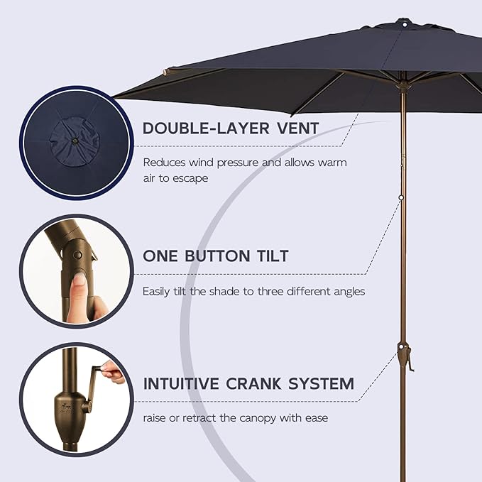 Abba Patio 11FT Outdoor Patio Umbrella Outdoor Table Umbrella with Crank Market Umbrella 6 Sturdy Ribs UV Protection Waterproof and Push Button Tilt for Garden Deck Backyard Pool,Dark Blue