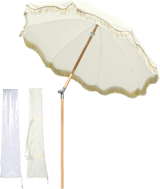 LAGarden Fringe Patio Umbrella with Carry Bag & Cover Vintage Wood for Event Outdoor Garden Yard Wedding Bistro Table