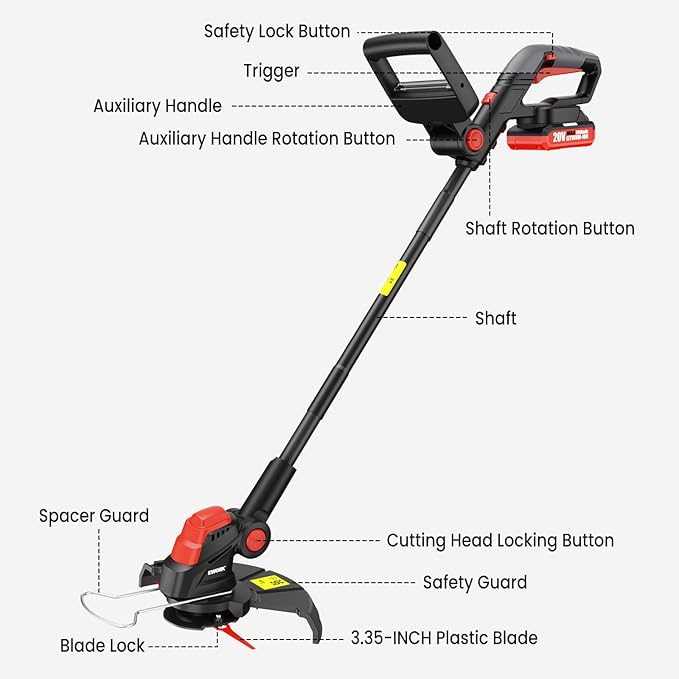 EWORK 20V Weed Wacker Cordless, Upgraded Cutter Blade, Weed Eater Battery Powered with 2×2.0Ah Batteries & Fast Charger, 10-Inch 2-in-1 Electric Grass Trimmer for Edger, Lawn, Garden