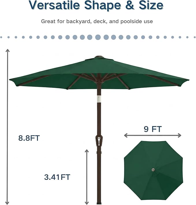 PatioKingdom 9FT Patio Outdoor Umbrella-UPF 50+ Sun Shade with Wind Vent, Push-Button Tilt & Smooth Crank Lift, Rust-Resistant Fiberglass Frame for Garden, Backyard,Yard (Dark Green)