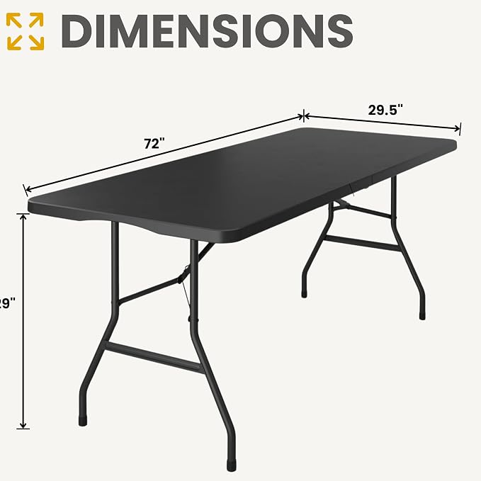 BTExpert Set of 5, Fold-in-Half Folding Utility Table 6 Feet 72"x 29.5" Lightweight Portable Carrying Handle Indoor Outdoor Picnic Camping Office Home Party Wedding Event Easy to Clean Store Black