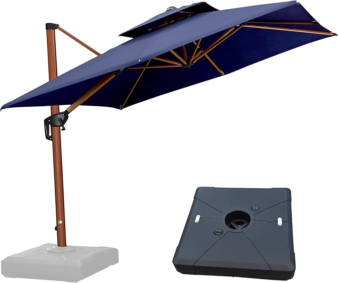 PURPLE LEAF Patio Umbrella with Base Outdoor Square Large Cantilever Umbrella Windproof Offset Heavy Duty Sun Umbrella for Garden Deck Pool Patio, 9ft Navy Blue